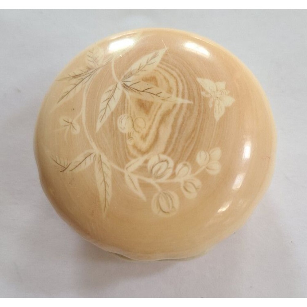 Vintage Italian Alabaster Round Hinged Ivory Trinket Box Flowers & Butterflies